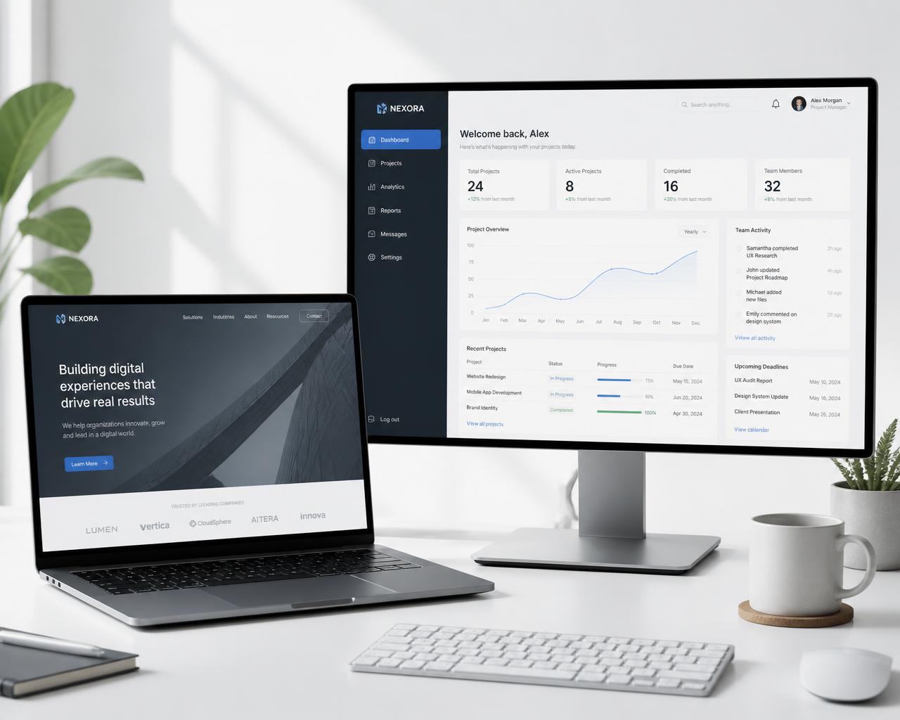 Laptop und Monitor mit moderner Unternehmenswebsite und Dashboard